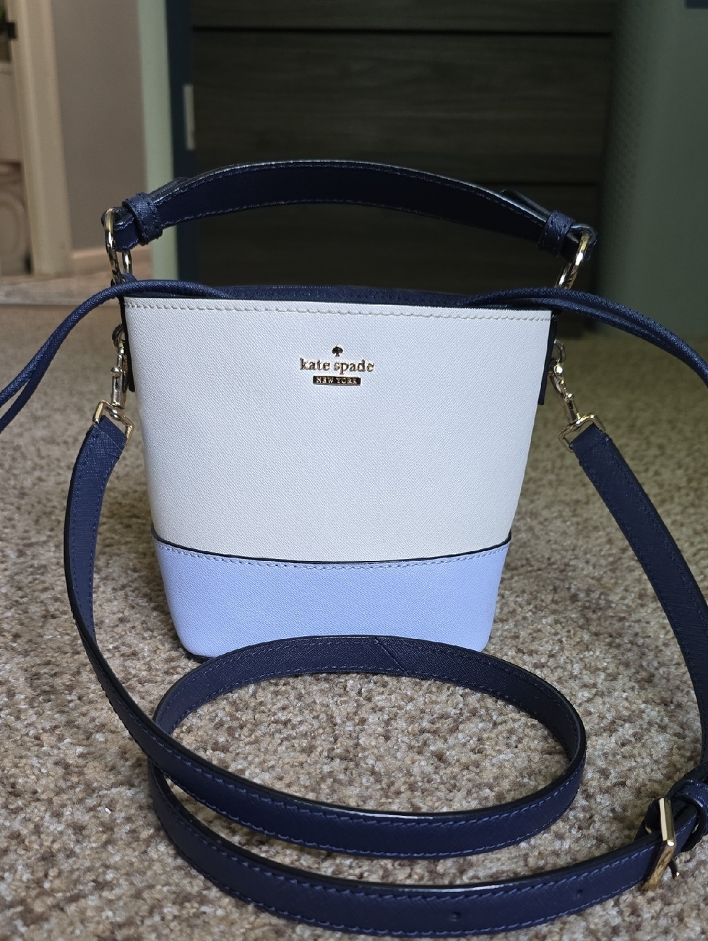kate spade Two-Tone Navy, Cream & Light Blue Mini Bucket Crossbody